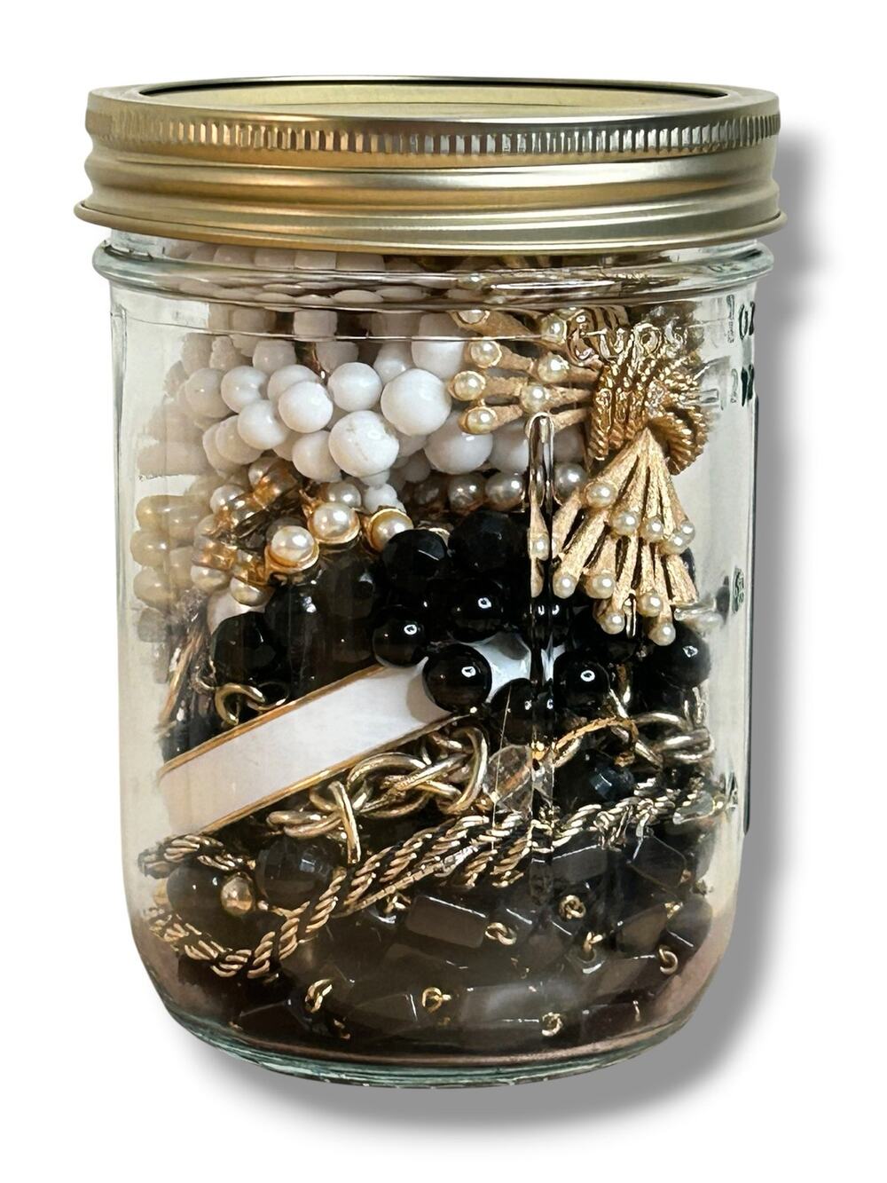 Vintage Jewelry Jar Black White Gold Tones Necklaces Brooches Bracelets Earrings